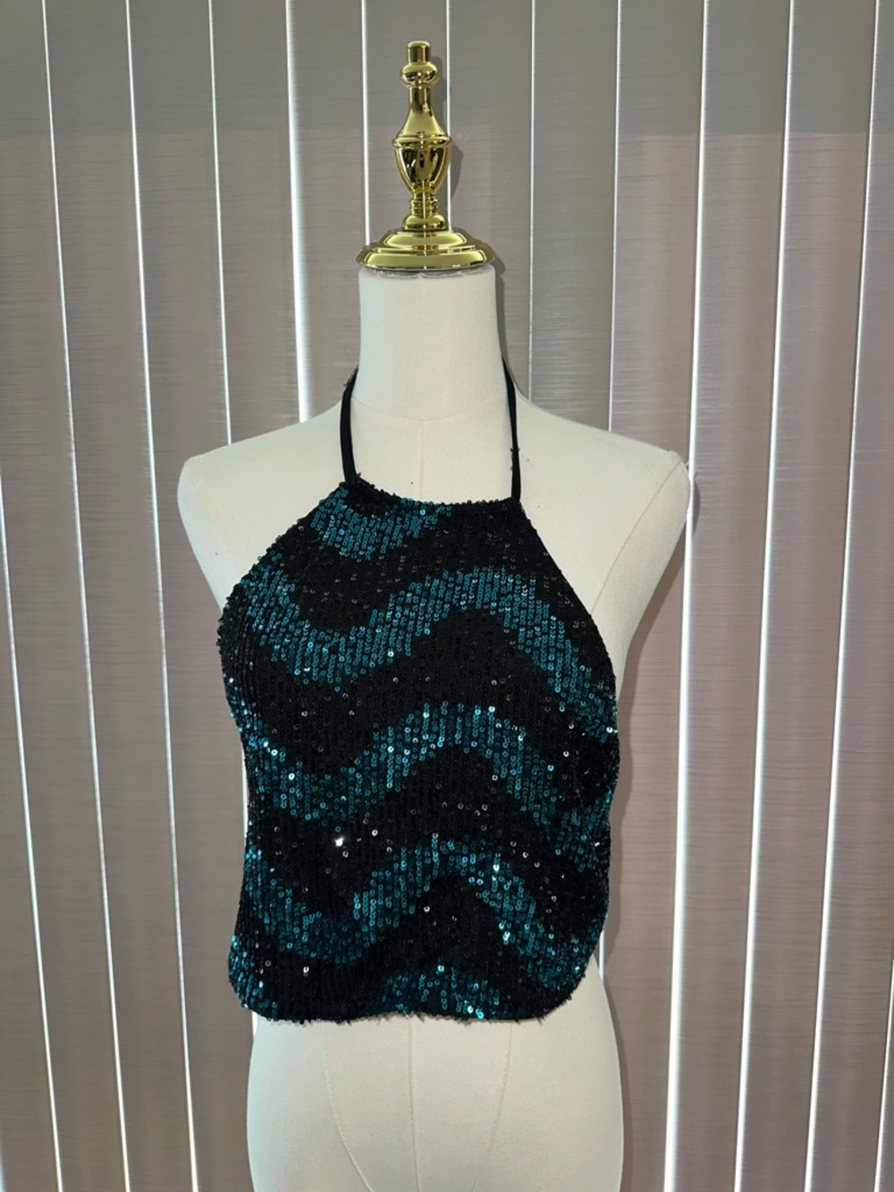 Sequined Halter Camisole in Teal and Black